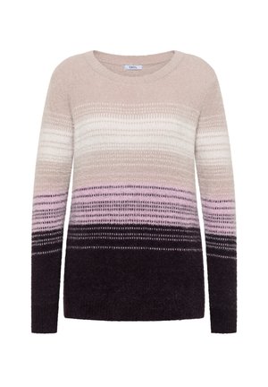 Langsleeve gebreide trui met gradient horizontale strepen in beige, wit, roze en donkerbruin tinten, met een ronde hals.