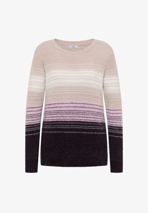Långärmad stickad tröja med gradient horisontella ränder i beige, vitt, rosa och mörkbruna nyanser, rundad halsringning.