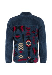 Dunkelblaue Fleecejacke mit langen Ärmeln und mehrfarbigen geometrischen Mustern in Rot, Schwarz und Beige auf dem Rückenteil.