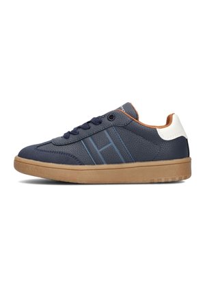 Sneakers navy con una finitura testurizzata, strisce blu a contrasto, accentuazione bianca sul tallone e suola in gomma. Design con lacci e punta arrotondata.