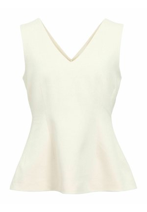 Haut blanc sans manches pour femme avec col en V et taille cintrée, s'évasant légèrement à l'ourlet, sur un fond blanc uni.