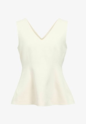 Haut blanc sans manches pour femme avec col en V et taille cintrée, s'évasant légèrement à l'ourlet, sur un fond blanc uni.