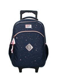 Laavikansallinen selkäreppu rose gold -yksityiskohdilla, jossa on pilkullinen kuvio, kaksoispussitettavat osastot ja vedettävä kahva.