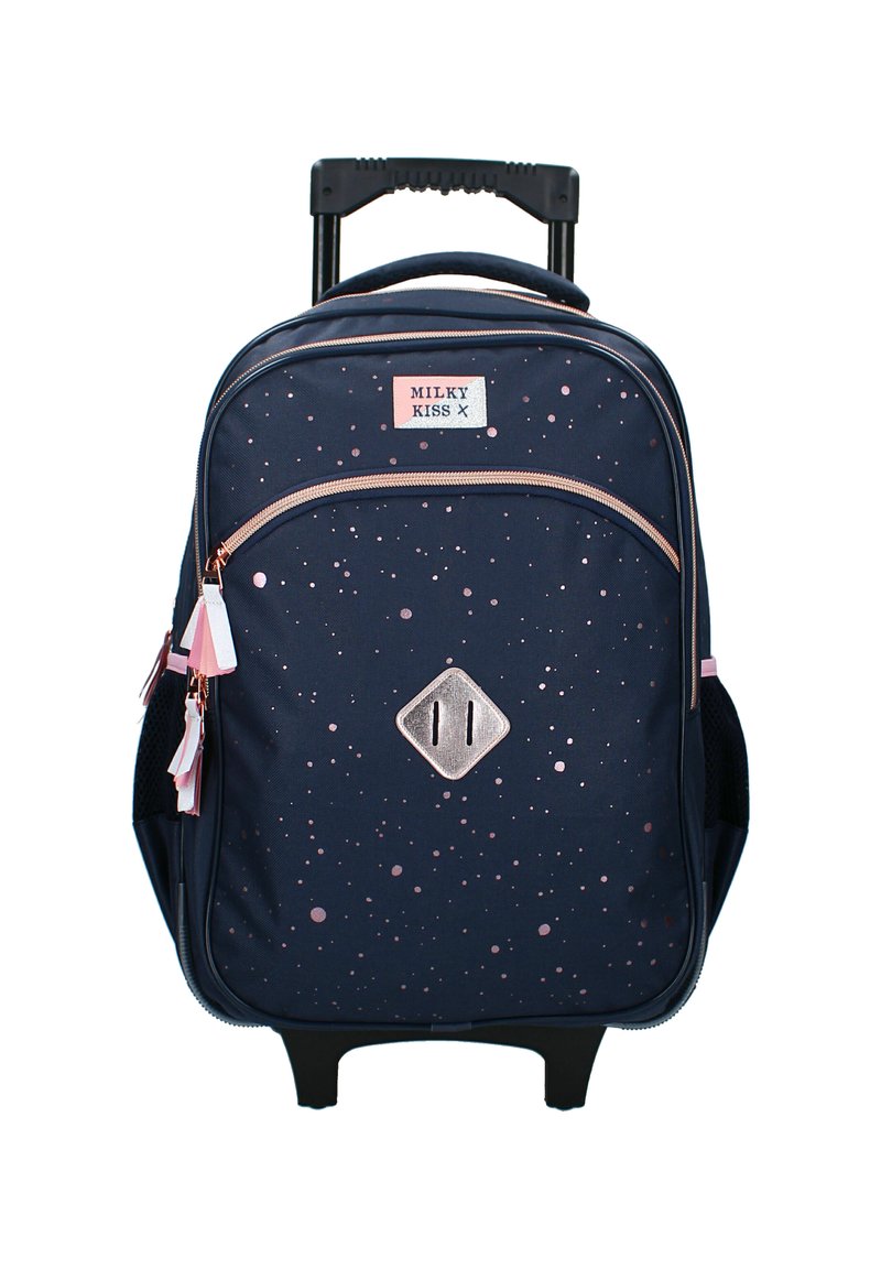 Laavikansallinen selkäreppu rose gold -yksityiskohdilla, jossa on pilkullinen kuvio, kaksoispussitettavat osastot ja vedettävä kahva.