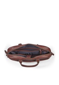 Braune Lederhandtasche mit Reißverschluss, ausgestattet mit einem geräumigen Innenraum mit blauer Innenausstattung und mehreren Fächern zur Organisation.