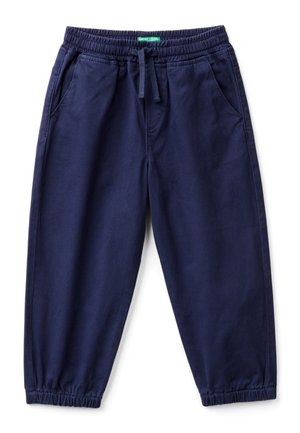 Marineblauwe sweatpants met een elastische tailleband, trekkoorden en elastische boorden; voorzien van twee zijzakken en een zachte, gladde stof.