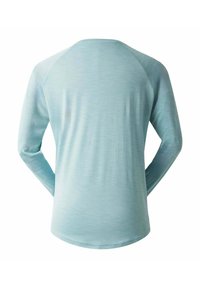 Hellblaues Langarmhemd mit glatter Textur, abgerundetem Saum und Raglanärmeln. Keine sichtbaren Muster oder Hardwaredetails.