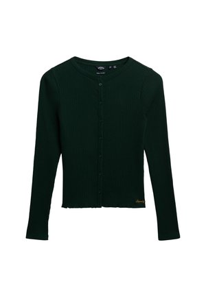 Dunkelgrüne gerippte Strickjacke mit langen Ärmeln, Rundhalsausschnitt und Knopfverschluss. Mit einem kleinen goldenen, geschwungenen Logo in der Nähe des Saums.