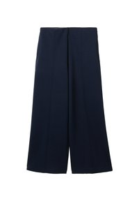 Pantalon bleu marine à jambes larges, taille haute avec des détails de couture à l’avant, présenté à plat sur fond blanc.