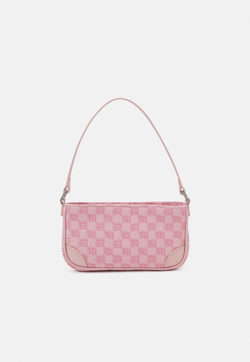 Pink handbag with a patterned fabric body, smooth leather accents, flat shape, and a curved shoulder strap. Silver-tone hardware detail.