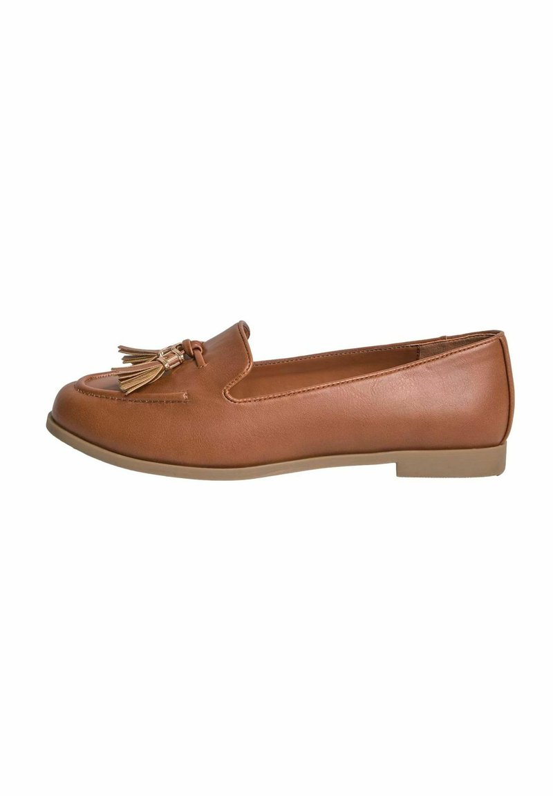 Brown leather loafers with a flat sole, featuring a decorative tassel on the front. Smooth texture with stitching details along the edges.