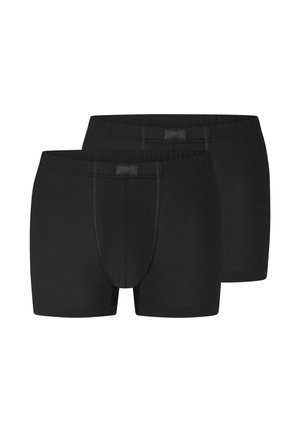 Two pairs of black men's boxer briefs with elastic waistbands, seamless edges, and front pouch stitching shown on a white background.