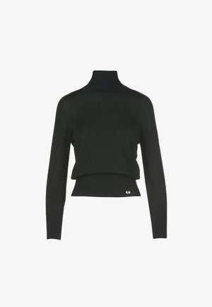 Schwarzer Rollkragenpullover mit langen Ärmeln, geripptem Stoff, kurzem Schnitt und einem kleinen goldenen Logo-Akzent am Saum.