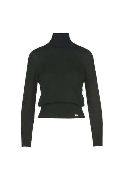 Czarny golf z długimi rękawami, ożurowaną fakturą, krótkim krojem oraz małym złotym logo przy krawędzi.