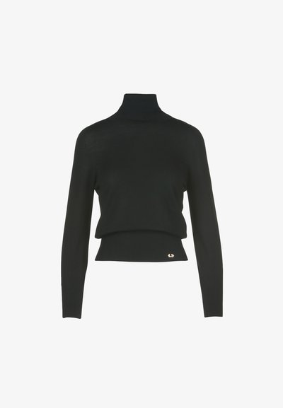 Czarny golf z długimi rękawami, ożurowaną fakturą, krótkim krojem oraz małym złotym logo przy krawędzi.