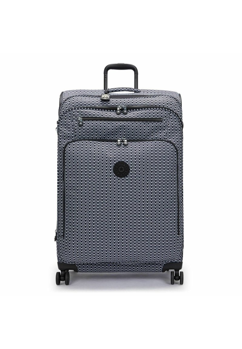 Valise à roulettes avec un motif géométrique bleu marine et blanc, en tissu résistant, deux poches à zip, une poignée rétractable et quatre roulettes multidirectionnelles.