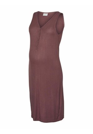 Nėštumo suknelė, be rankovių, glotnaus audinio, tamsiai raudonos spalvos, V formos iškirptė su mygtukais priekyje, iki kelių, minkšta medžiaga.