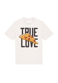 Weißes Baumwoll-T-Shirt mit einem Grafikdesign von Pizza mit Herzbelägen und dem Text "WAHRHEIT LIEBE" in fetten schwarzen Buchstaben darunter.