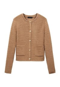 Brązowy sweter zapinany na guziki, wykonany na drutach, z teksturowanym wzorem, okrągłym dekoltem i dwoma kieszeniami naszytymi z przodu.