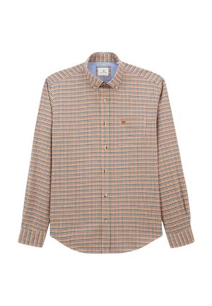 Chemise à manches longues avec un motif à carreaux orange, bleu et blanc, poche poitrine avec bouton, et col boutonné.