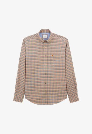 Chemise à manches longues avec un motif à carreaux orange, bleu et blanc, poche poitrine avec bouton, et col boutonné.