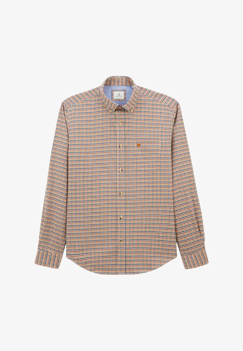 Chemise à manches longues avec un motif à carreaux orange, bleu et blanc, poche poitrine avec bouton, et col boutonné.