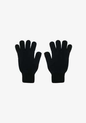 Guantes de punto negros con puños acanalados, que cuentan con cinco aberturas para los dedos y una textura suave, diseñados para proporcionar calor y comodidad.
