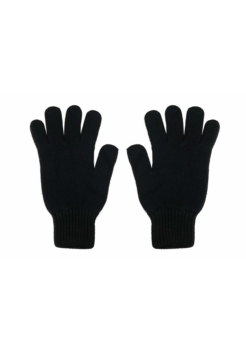 Svarta stickade handskar med ribbade mudd, med fem fingeröppningar och en slät yta, designade för värme och komfort.