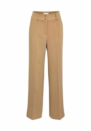 Tan wide-leg trousers with a smooth texture, featuring a double-button closure and side pockets. Flat front with pressed crease detailing.