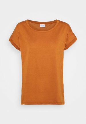 T-shirt orange à manches courtes et col rond avec revers, présenté sur un fond clair uni.