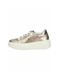Metallic rose gold sneaker with a padded tongue, white rubber sole, and silver heel accent. Features textured upper and flat laces.