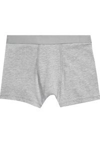 Grå bomulds boxer shorts med blød talje, der har en frontlomme og stikninger, i et tætsiddende design.