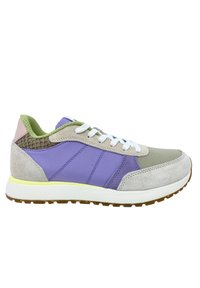 Sneakers with a blend of light gray, purple, and green materials. Features include suede, mesh accents, white laces, and a textured heel.