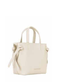 Borsa tote in pelle color crema con due manici corti, dettagli annodati ai lati e logo impresso sul davanti. Design strutturato.