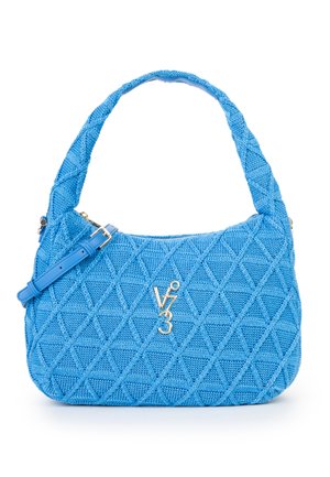Borsa a tracolla blu testurizzata con motivo a diamante trapuntato, logo V73 dorato e tracolla regolabile su sfondo bianco.