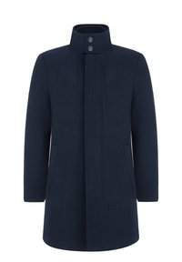 Granatowy wełniany płaszcz z wysokim kołnierzem, dwoma przednimi kieszeniami i zapięciem na trzy guziki. Gładka tekstura i dopasowany fason z prostą sylwetką.