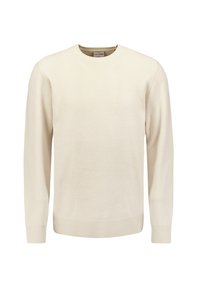 Romige ribbed trui met een ronde hals, lange mouwen, textiele stof en ribbelboorden en -onderrand. Eenvoudig, klassiek ontwerp.