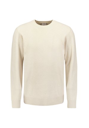 Cream-colored ribbed sweater with a crew neckline, long sleeves, textured fabric, and ribbed cuffs and hem. Simple, classic design.