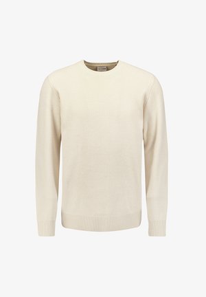 Cream-colored ribbed sweater with a crew neckline, long sleeves, textured fabric, and ribbed cuffs and hem. Simple, classic design.