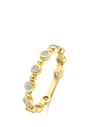 Goldring mit runden, erhabenen Elementen und eingearbeiteten klaren Edelsteinen. Der Ring hat ein glattes, kreisförmiges Design mit abwechselnden Edelsteinpositionen.