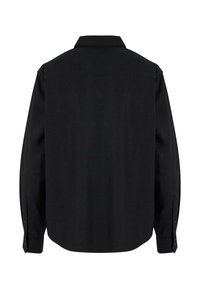 Black long-sleeve shirt with a collar, featuring a straight cut, buttoned cuffs, and a smooth fabric texture. Back view displayed.