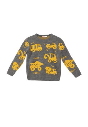 Grå sweater med gule mønstre af byggepladskøretøjer, inklusive dumph trailere, gravemaskiner og traktorer, foran og på ærmerne.