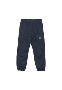 Mørkeblå letvægtsbukser med elastisk talje, tapered manchetter og subtil tekstur, prydet med et lille logo på det nederste ben.