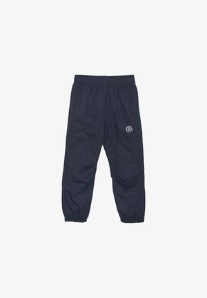 Marinblå lätta byxor med resårmidja, smalnande avslut och subtil textur, med en liten logotyp på underbenet.