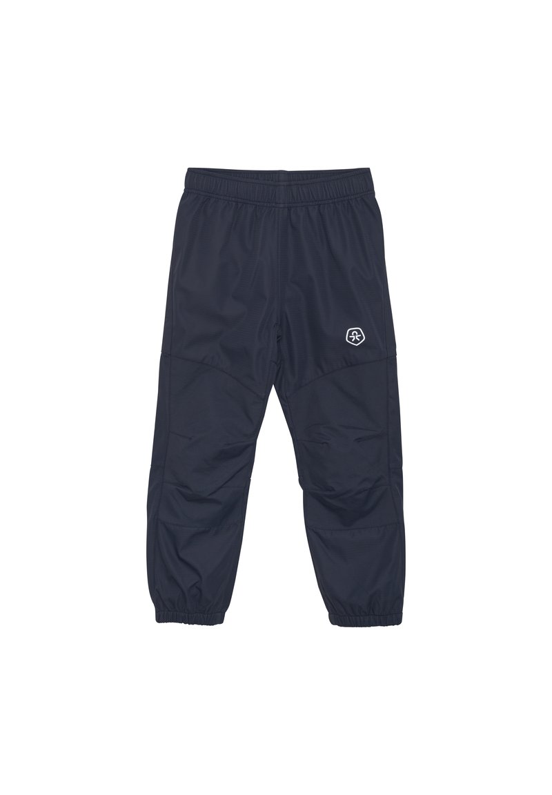 Mørkeblå letvægtsbukser med elastisk talje, tapered manchetter og subtil tekstur, prydet med et lille logo på det nederste ben.