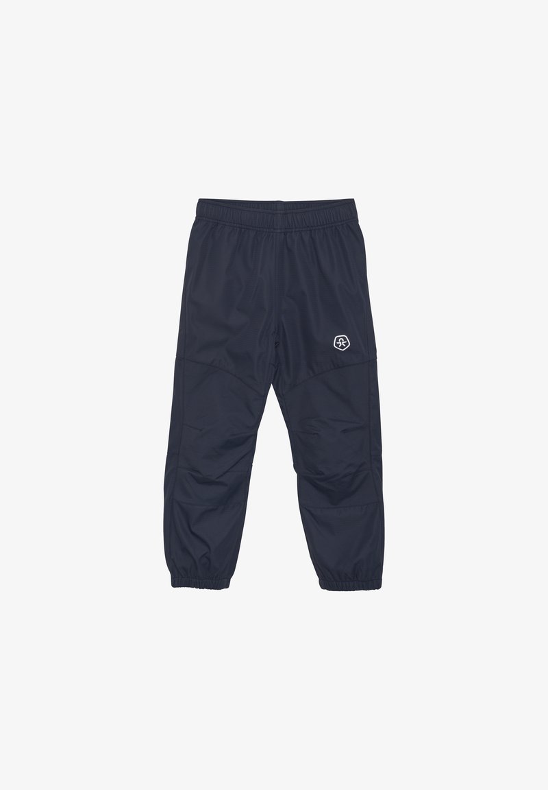 Marineblaue, leichte Hosen mit elastischem Bund, schmal zulaufenden Säumen und subtiler Textur, mit einem kleinen Logo am unteren Bein.