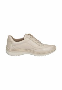 Helle beiger Leder-Sneakers mit strukturiertem Finish, runder Zehenpartie und Schnürverschluss. Verfügt über eine kontrastierende weiße Gummisohle und genähte Akzente.