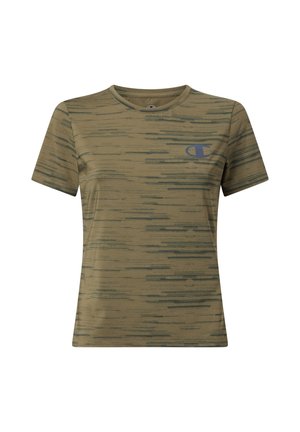 T-shirt de sport à manches courtes couleur vert olive avec des motifs de stries horizontales foncées et un petit logo sombre sur la poitrine gauche.