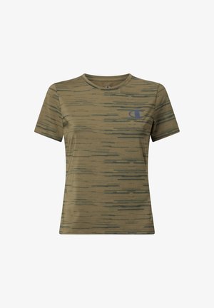 Maglietta sportiva a maniche corte verde oliva con motivi a strisce orizzontali scure e piccolo logo scuro sul petto a sinistra.