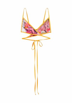 Haut de bikini triangle avec motif de feuilles tropicales roses et oranges, bordure jaune et longues lanières à nouer autour du corps.